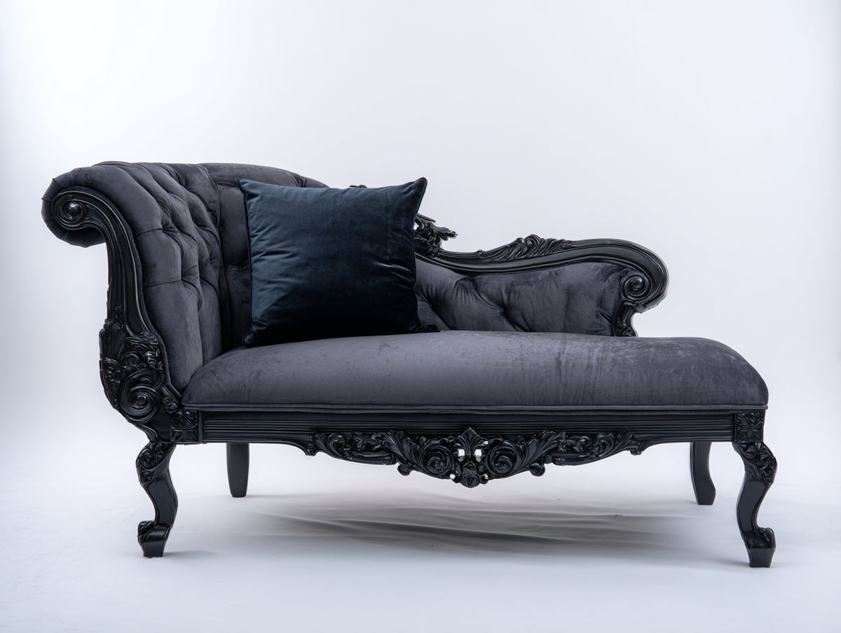 Chaise longue - Velluto-Legno - 180x78x92 cm - Grigio antracite-Nero - Stile barocco