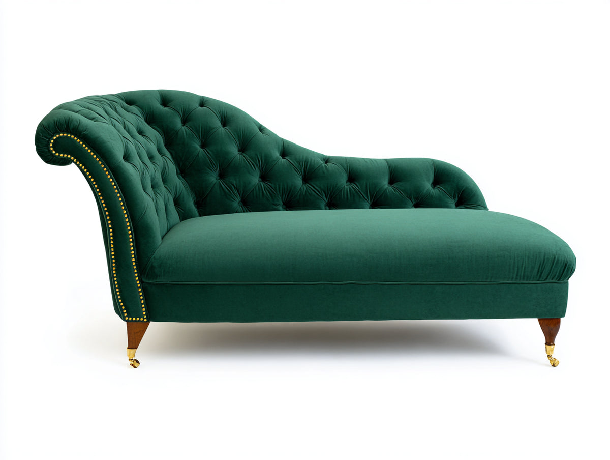 Chaise longue - Velluto-Legno-Metallo - 190x88x92 cm - Verde smeraldo-Marrone-Oro - Stile Chesterfield classico