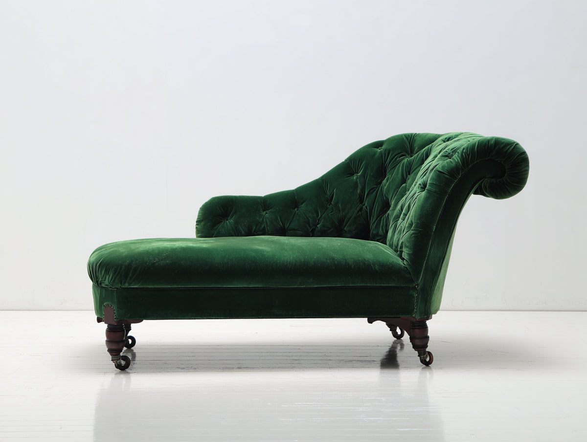 Chaise longue - Velluto-Legno-Metallo - 172x82x91 cm - Verde bosco-Marrone scuro-Nero - Stile vittoriano