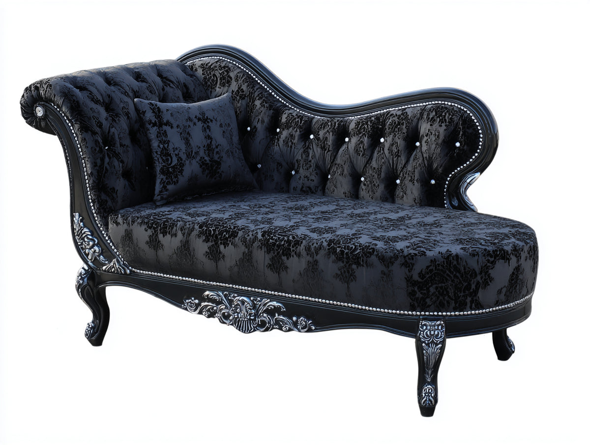 Chaise longue - Tessuto-Legno-Metallo - 175x80x92 cm - Nero-Argento - Stile barocco