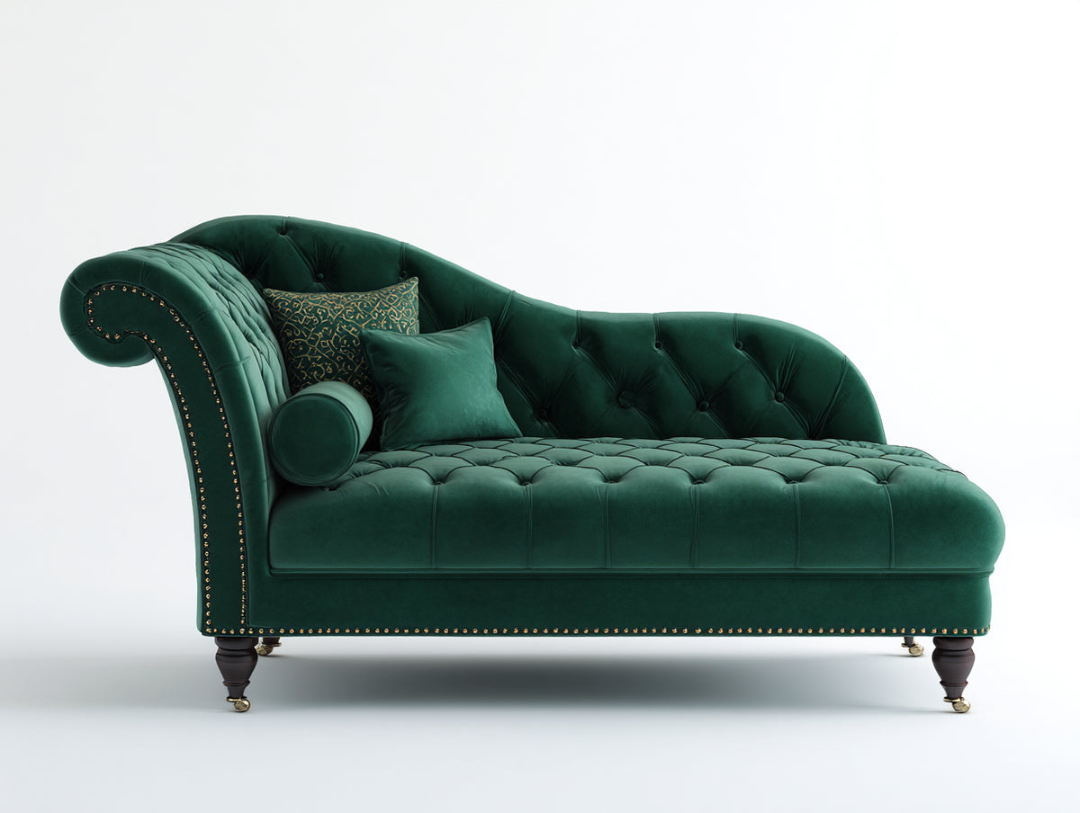 Chaise longue - Velluto-Legno-Metallo - 195x90x96 cm - Verde smeraldo-Marrone scuro-Oro - Stile Chesterfield classico