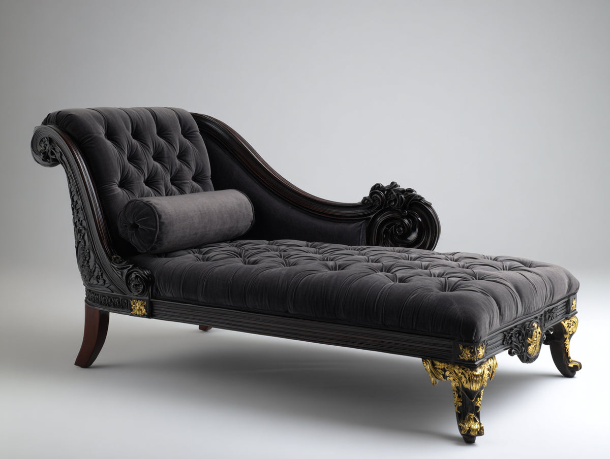Chaise longue - Velluto-Legno - 190x80x100 cm - Nero-Oro - Stile barocco