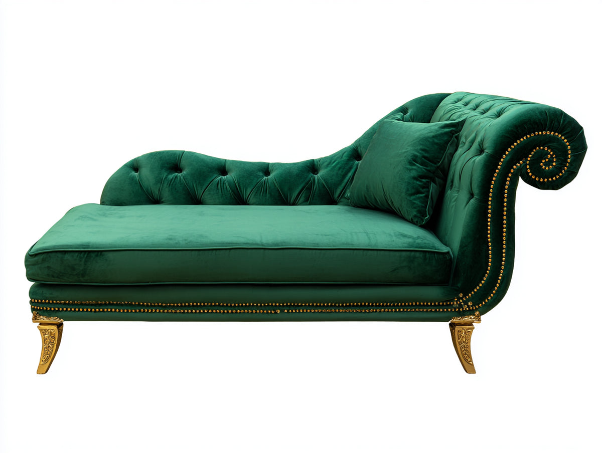 Chaise longue - Velluto-Metallo - 188x88x92 cm - Verde smeraldo-Oro - Stile classico