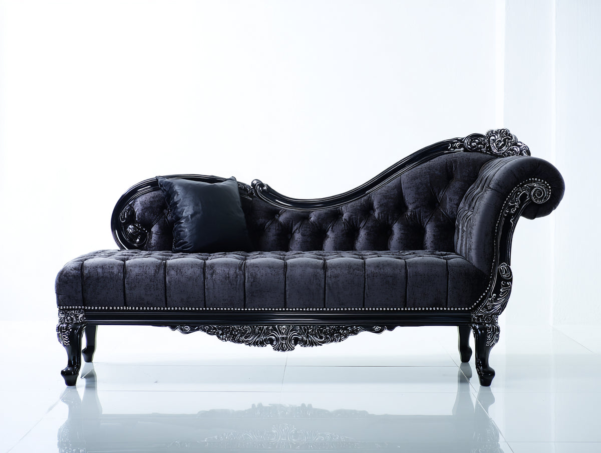 Chaise longue - Velluto-Legno - 190x82x96 cm - Nero - Stile barocco
