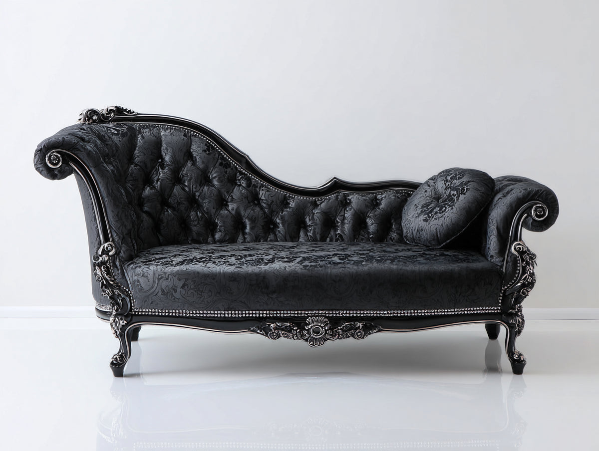 Chaise longue - Tessuto-Legno-Metallo - 198x86x98 cm - Nero-Argento - Stile barocco
