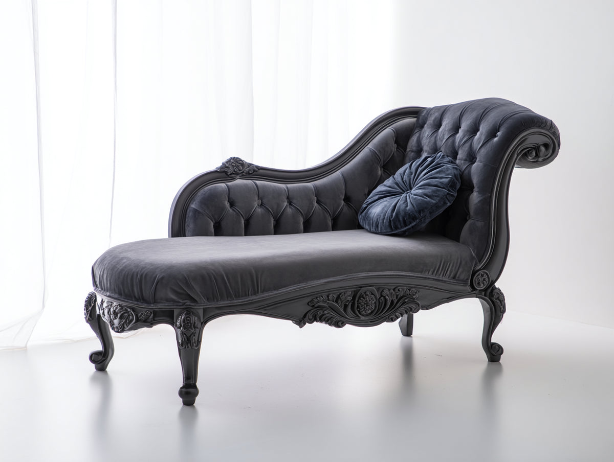 Chaise longue - Velluto-Legno - 175x75x95 cm - Grigio antracite-Nero - Stile classico